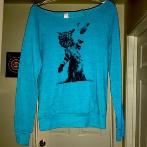 Boatneck turquoise Kitty Attack sweatshirt